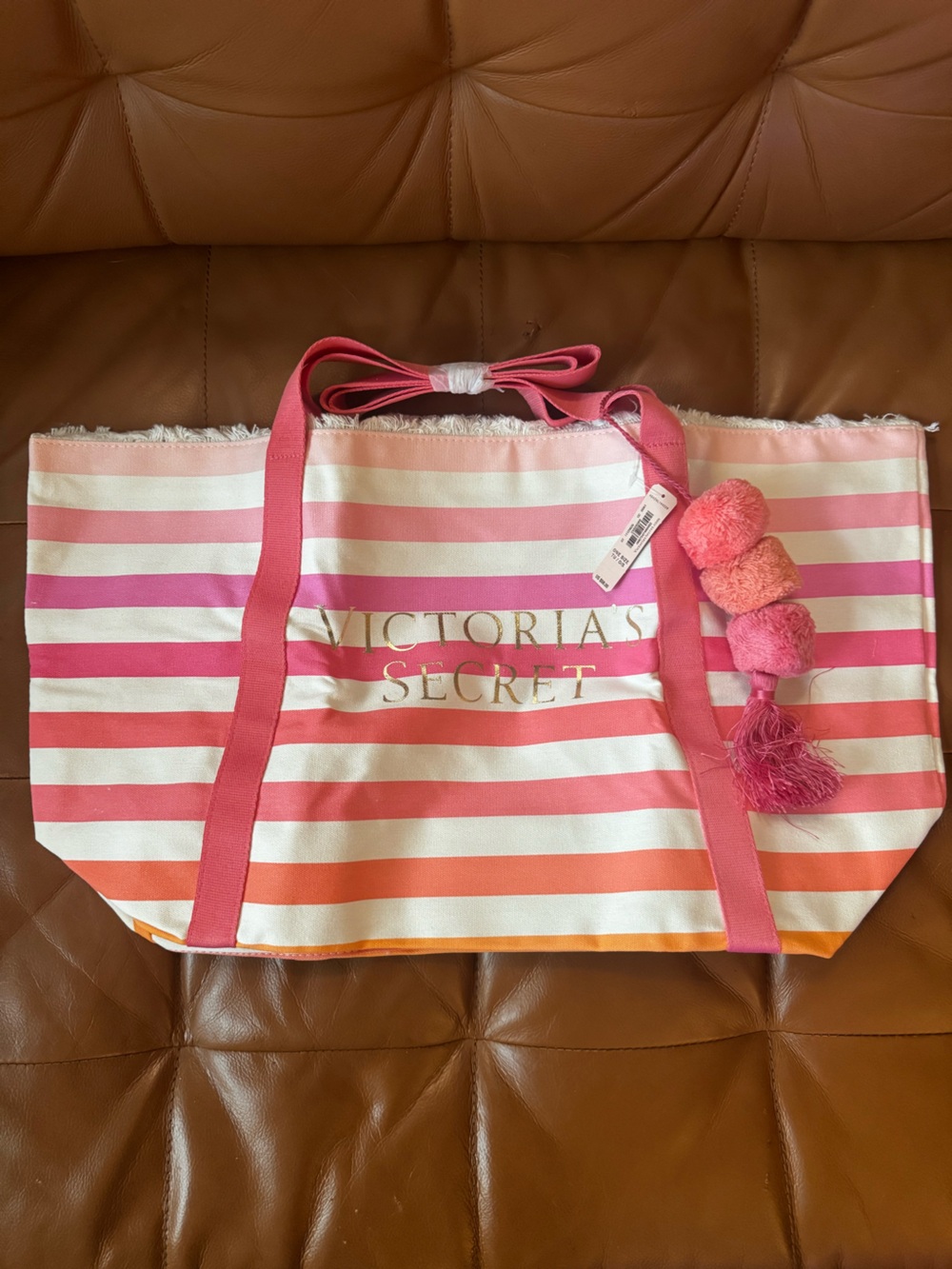 Victoria's Secret Colorful Striped Tote Bag w/ Pom Pom Tassel